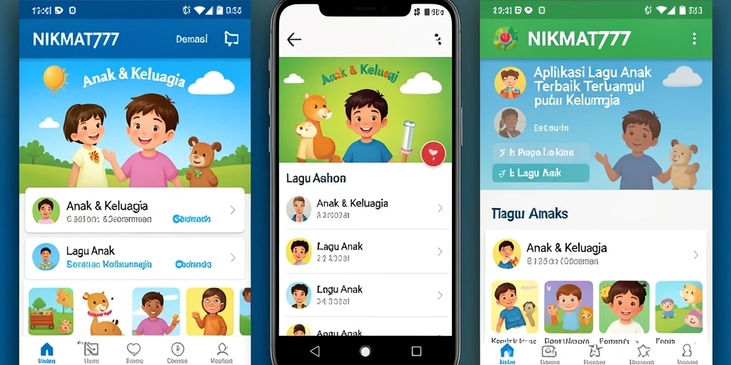 Tampilan antarmuka aplikasi NIKMAT777 dengan berbagai lagu anak.
