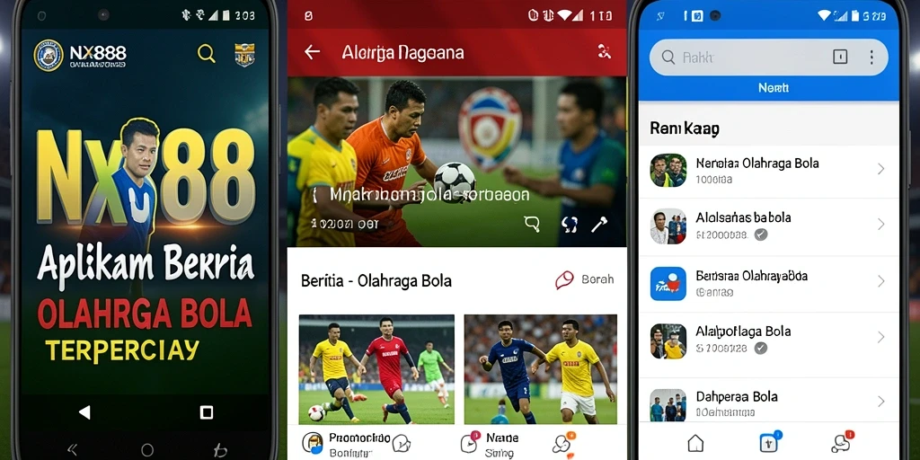 Antarmuka aplikasi NX888 menampilkan berita dan statistik sepak bola terkini.
