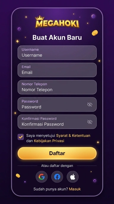Tampilan halaman daftar megahoki